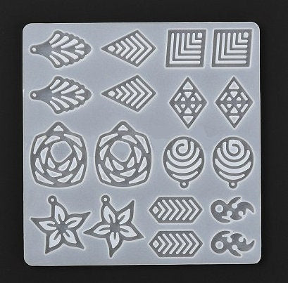 Silicone Mold, Pendants and Earrings, Resin Casting Mold, UV or Epoxy Resin, Flowers and Geometric Shapes, 5 3/8" x 5 1/4"