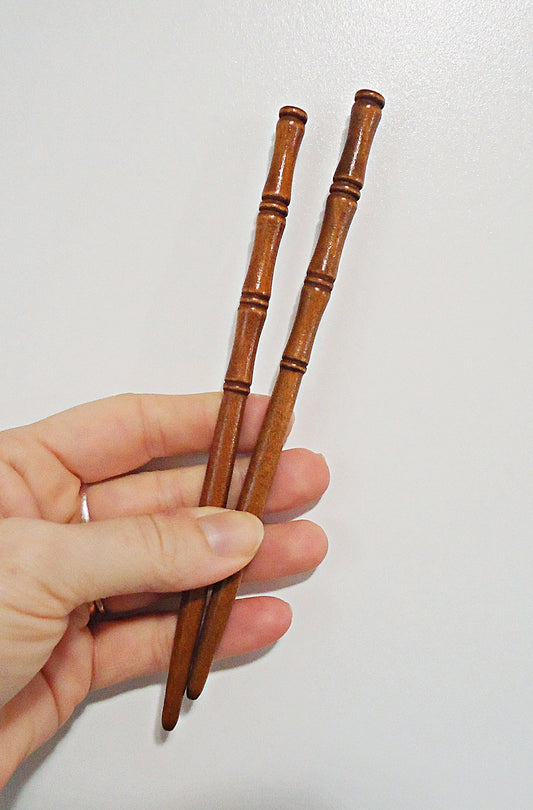 Wood Hairsticks, 7" Long, Set of 2, Brown Bamboo Design