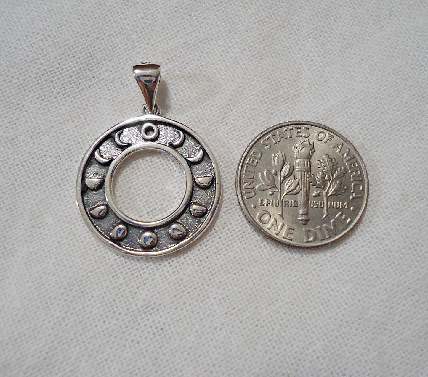 Round Moon Phases Pendant, Sterling Silver, 20mm Wide with Soldered Bail