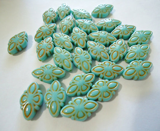 25 Small Acrylic Diamond Shaped Turquoise Beads with Gold Enlaced Details, 16mm x 10mm, Turquoise, Gold, Set of 25
