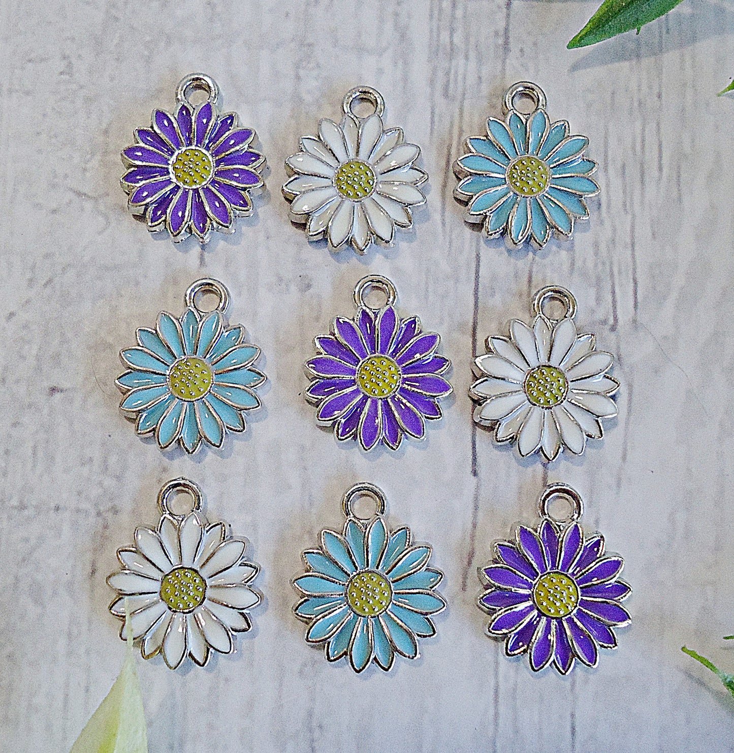 Tiny Daisy Charms, Purple, White, Light Blue, Springtime charms, 1/2", Set of 6