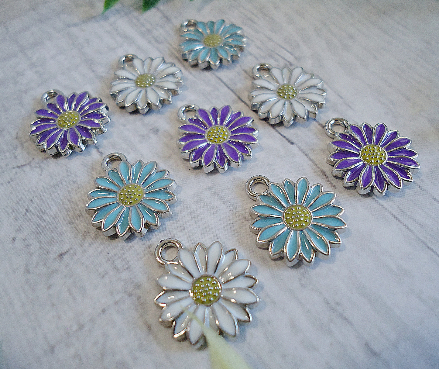 Tiny Daisy Charms, Purple, White, Light Blue, Springtime charms, 1/2", Set of 6