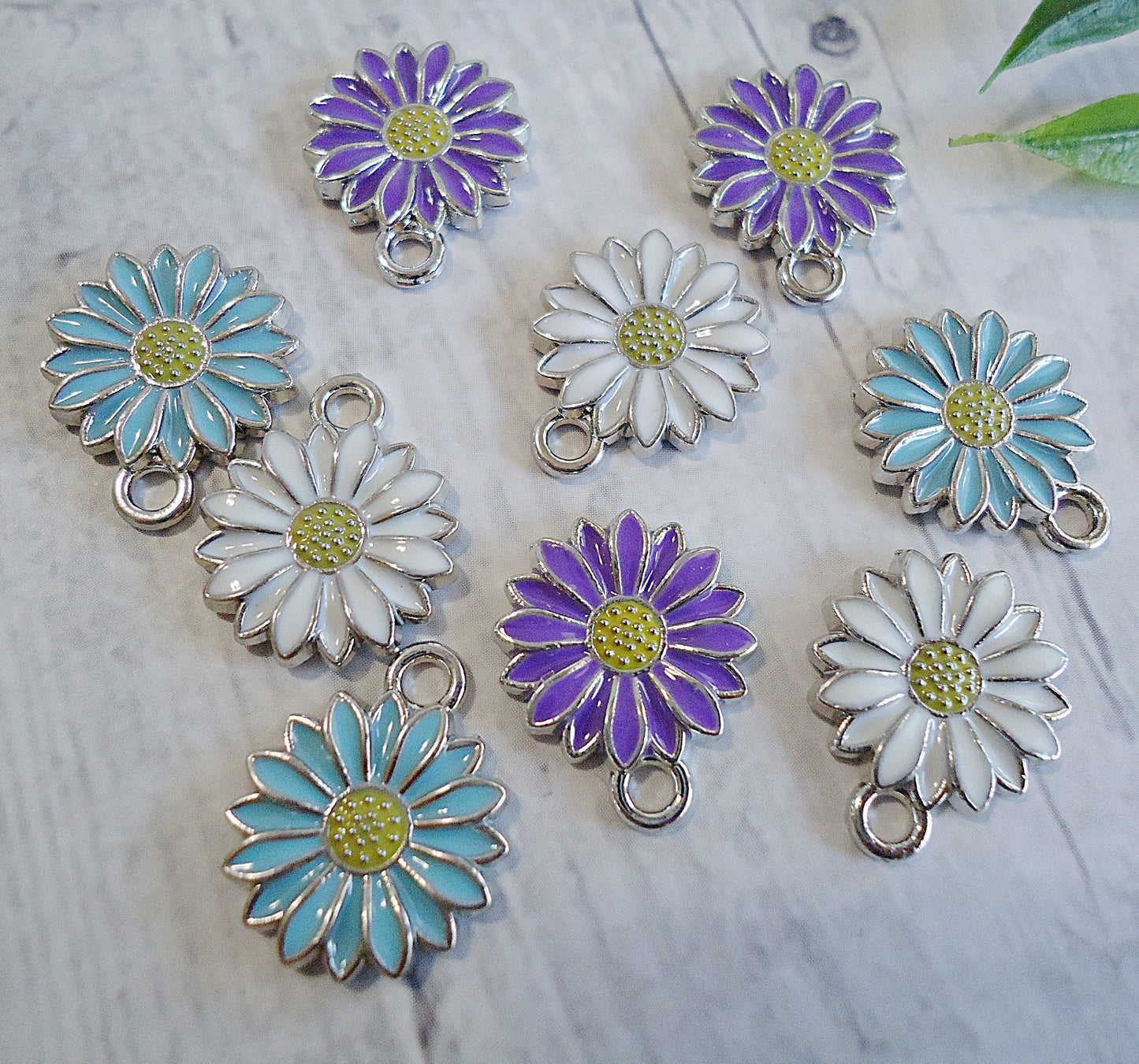 Tiny Daisy Charms, Purple, White, Light Blue, Springtime charms, 1/2", Set of 6
