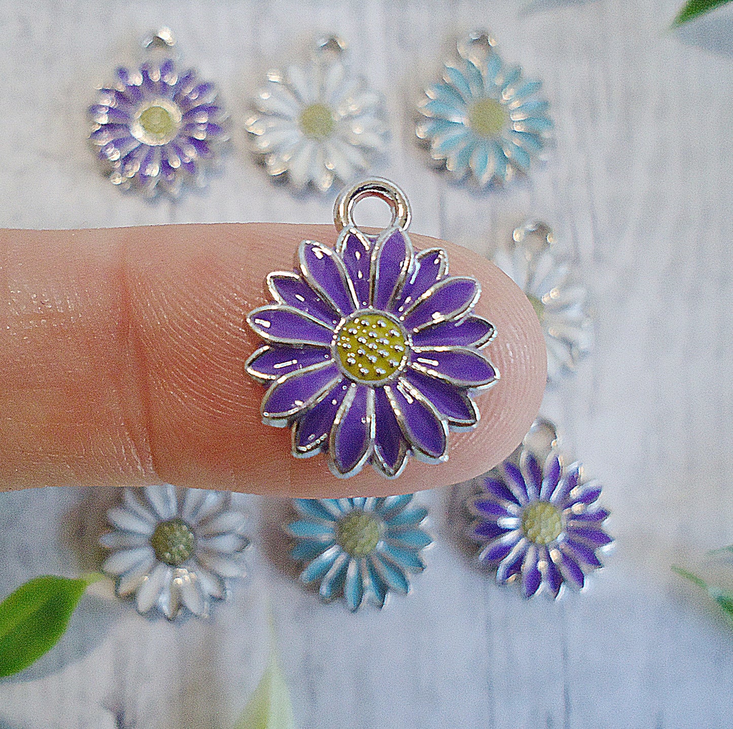 Tiny Daisy Charms, Purple, White, Light Blue, Springtime charms, 1/2", Set of 6