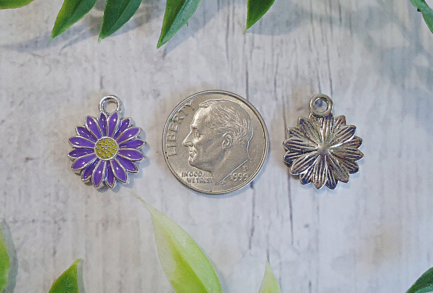 Tiny Daisy Charms, Purple, White, Light Blue, Springtime charms, 1/2", Set of 6