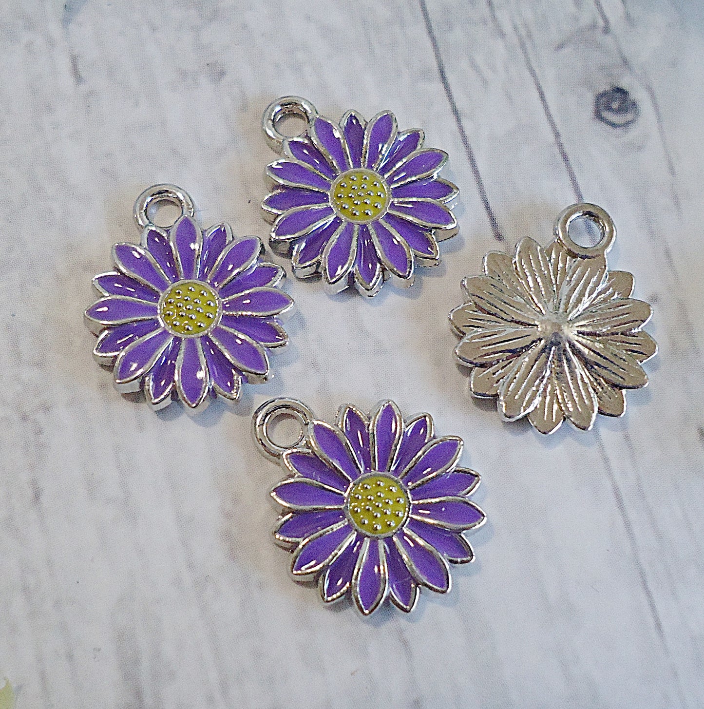 Tiny Daisy Charms, Purple, White, Light Blue, Springtime charms, 1/2", Set of 6