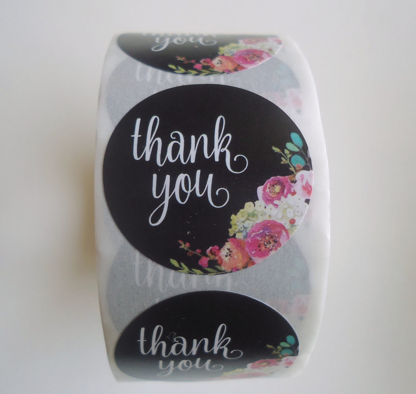 500 Stickers, 'Thank You', Black with Flowers, 1 inch Wide, Packaging, Labels