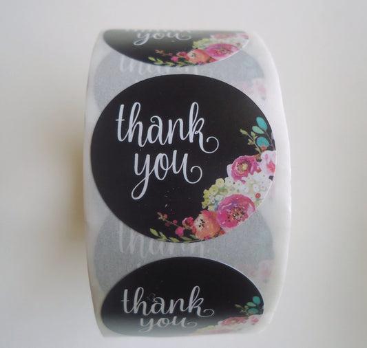 500 Stickers, 'Thank You', Black with Flowers, 1 inch Wide, Packaging, Labels