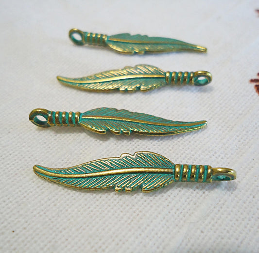 Feather Charms, Green Patina and Gold, 1.25" Long, Bulk Quantities