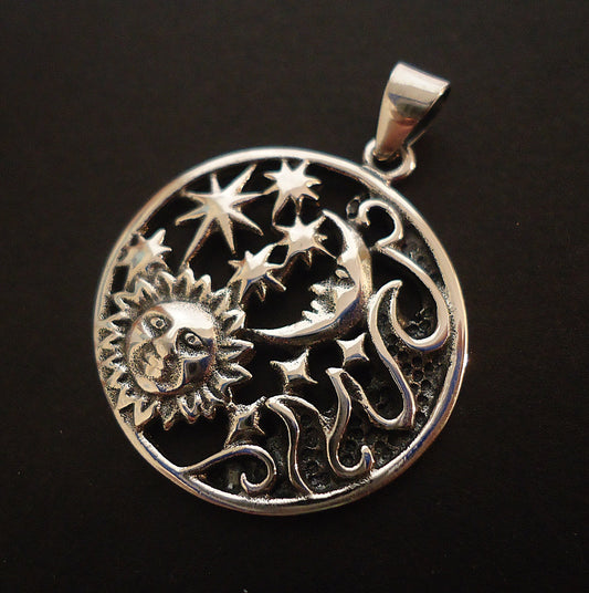 Sterling Silver Earth Elements Pendant, 1 inch Wide (26mm), Sun Moon Stars Wind Sky