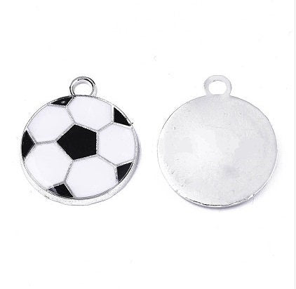 Soccer Ball Pendant Charms, Enameled, Black and White, Silver, 24mm Tall x 20mm Wide, Set of 10