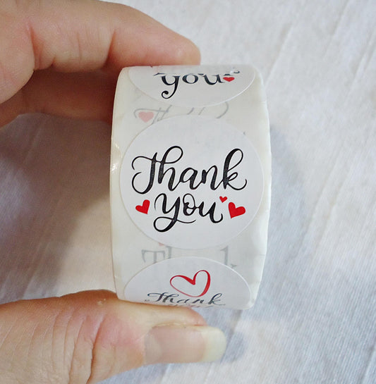 Stickers, 'Thank You', Black and White, Red Heart, Cursive Writing, 1 inch Wide, Packaging, Labels, Bulk quantities