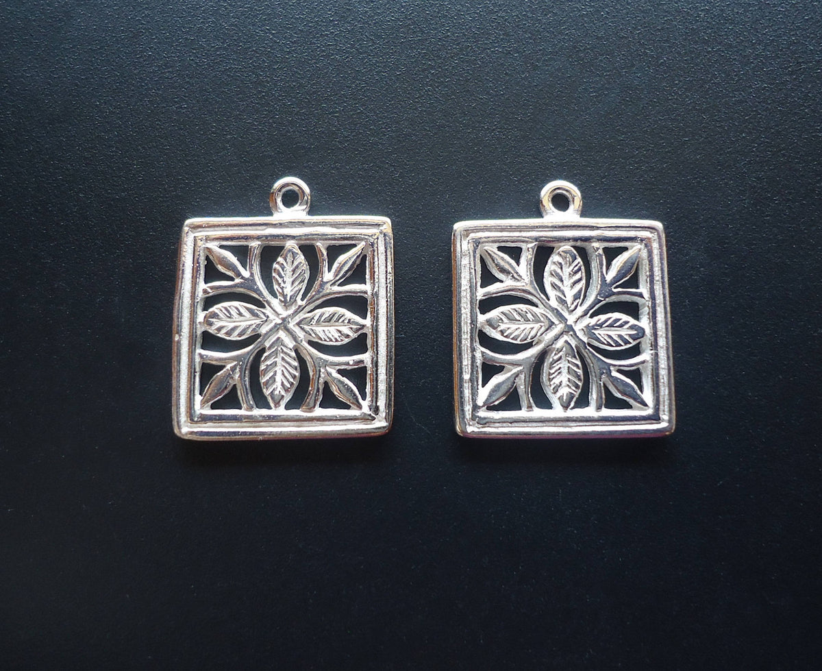 Sterling Silver Square Flower Pendant / Charm - 14mm Square