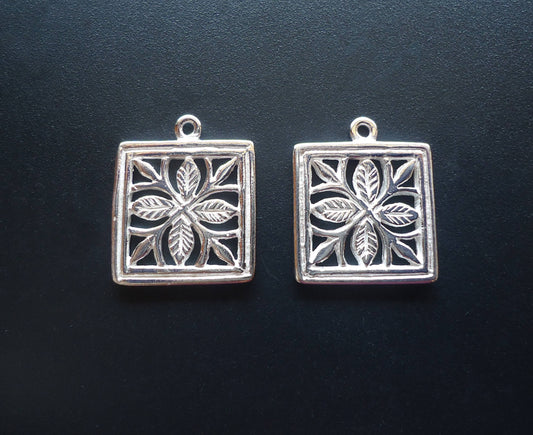 Sterling Silver Square Flower Pendant / Charm - 14mm Square