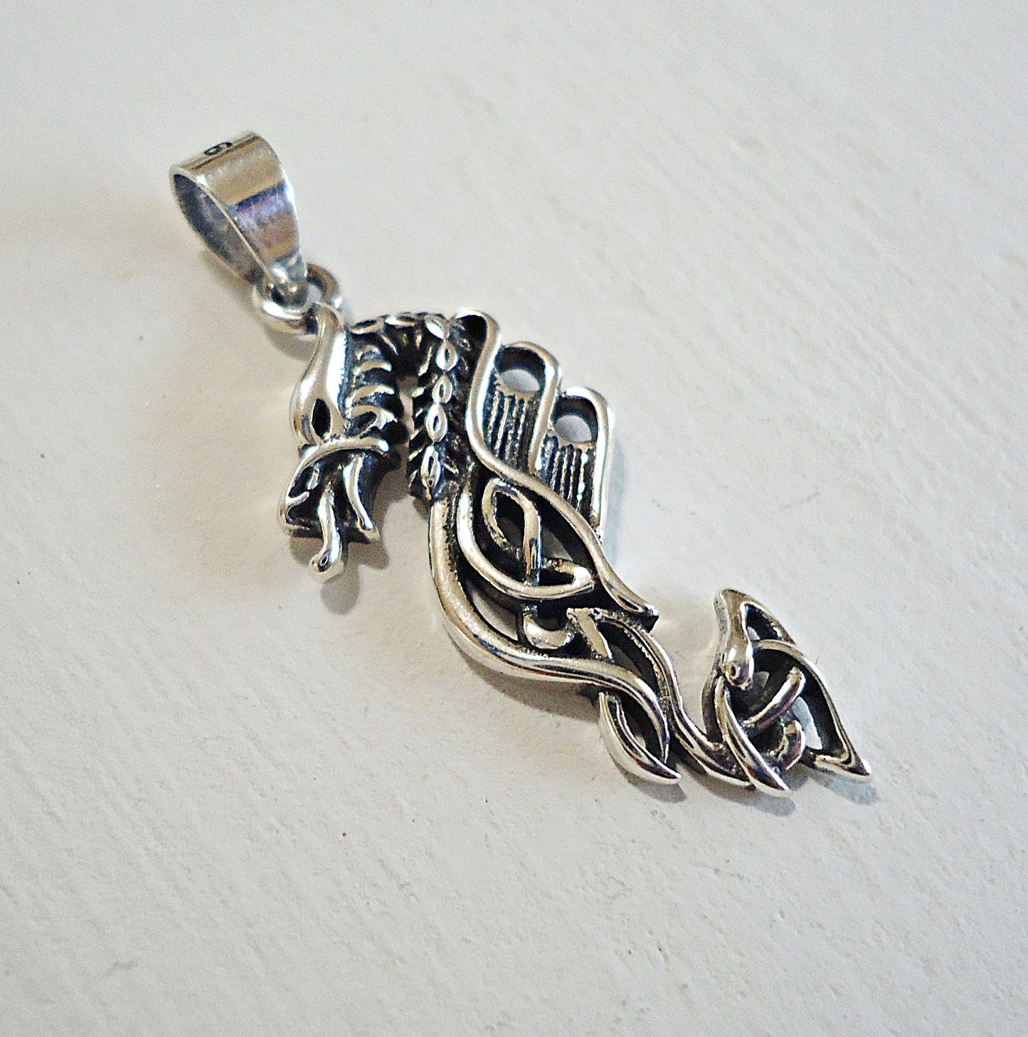 Sterling Silver Celtic Dragon Pendant, 1 inch Tall, with Soldered Bail