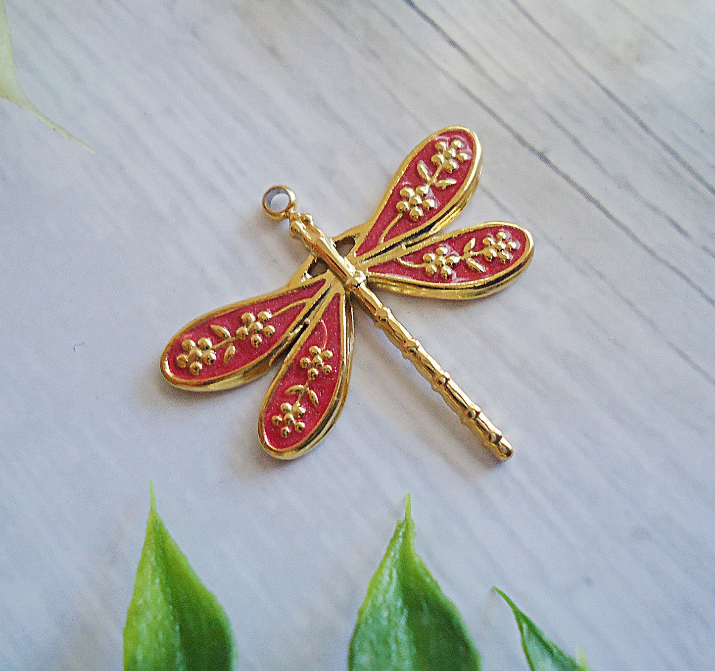 Enameled Dragonfly Pendant, Red and Gold, Stainless Steel, 1"