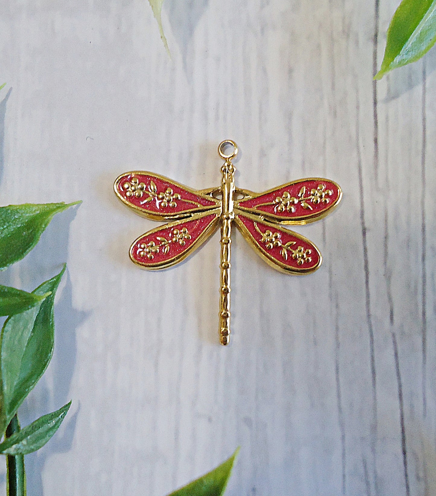 Enameled Dragonfly Pendant, Red and Gold, Stainless Steel, 1"