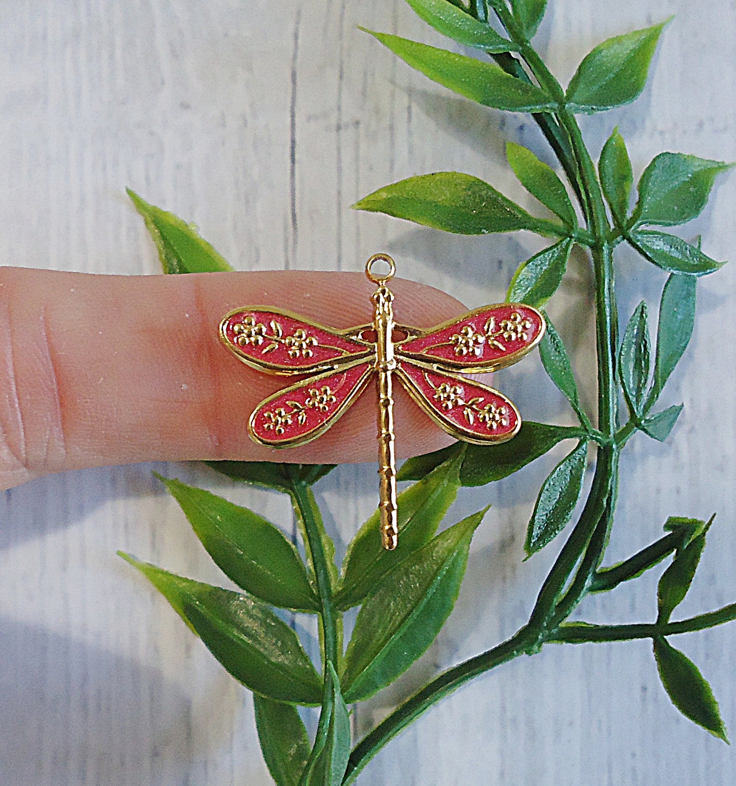 Enameled Dragonfly Pendant, Red and Gold, Stainless Steel, 1"