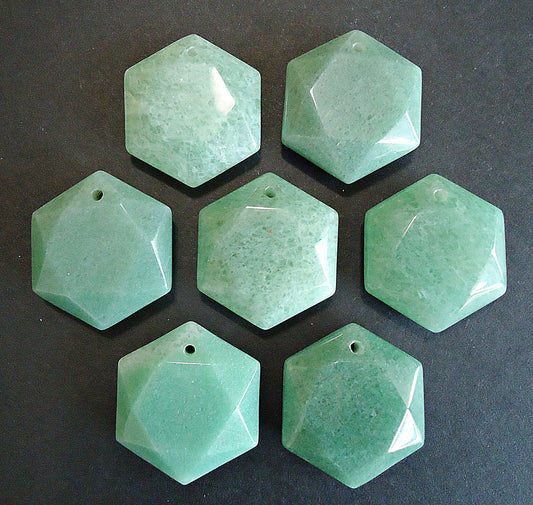 Natural Green Aventurine Faceted Hexagon Pendant - 28mm Tall x 25mm Wide x 9.5mm Thick