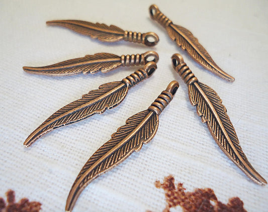 Small Feather Charms, Antique Copper, 1.25" Long, Bulk Quantities