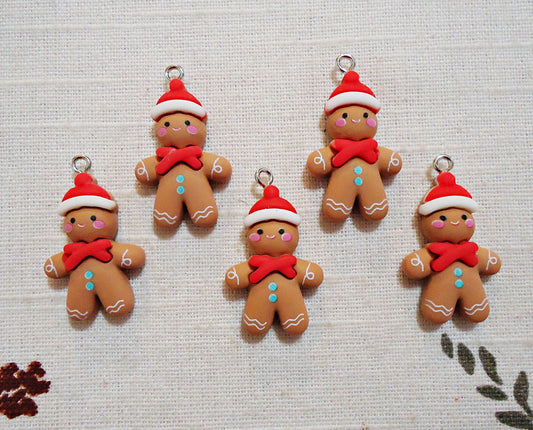 Small Gingerbread Man Santa Charms / Pendants - 1.25" Tall - Resin Christmas Charm w/Silver Loop