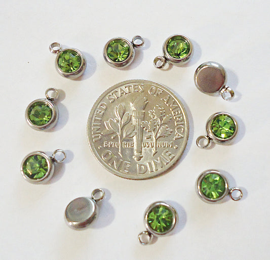 Small Stainless Steel Birthstone Charms - 6mm - Set of 12 - Glass Rhinestones, Hypoallergenic, Non-Tarnishing