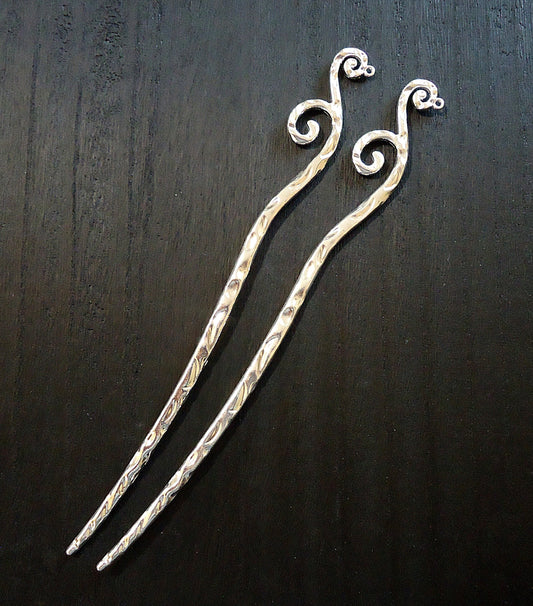 Hammered Metal Hair Sticks with Large Swirls and Loop - Bright Silver - 7" Long