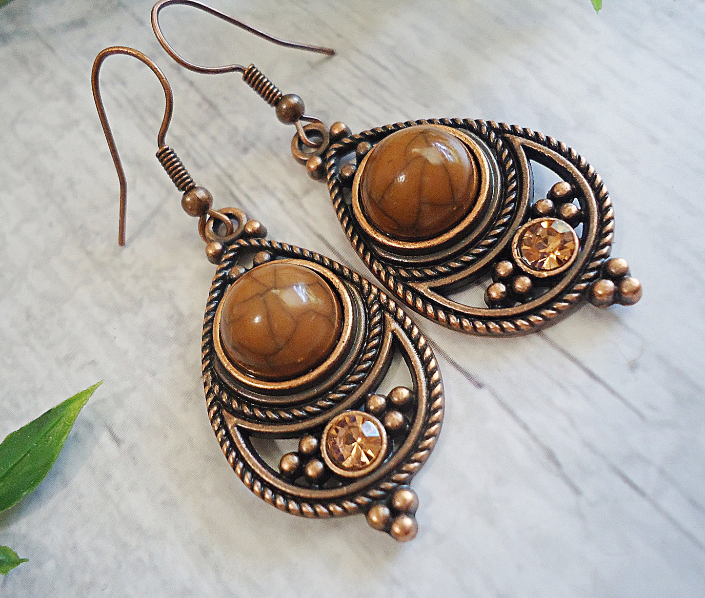 Boho Teardrop Earrings, Marbled Brown Stone, Amber Glass, Antique Copper, Vintage Style, Rope Border, 1.25" Dangle