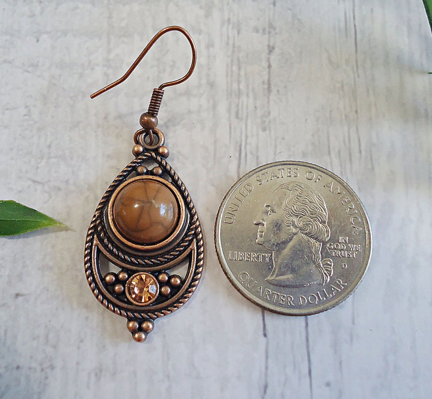 Boho Teardrop Earrings, Marbled Brown Stone, Amber Glass, Antique Copper, Vintage Style, Rope Border, 1.25" Dangle