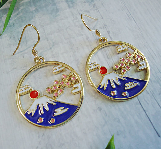 Mount Fuji Earrings, Japanese Inspired Earrings, Colorful Gold Dangles