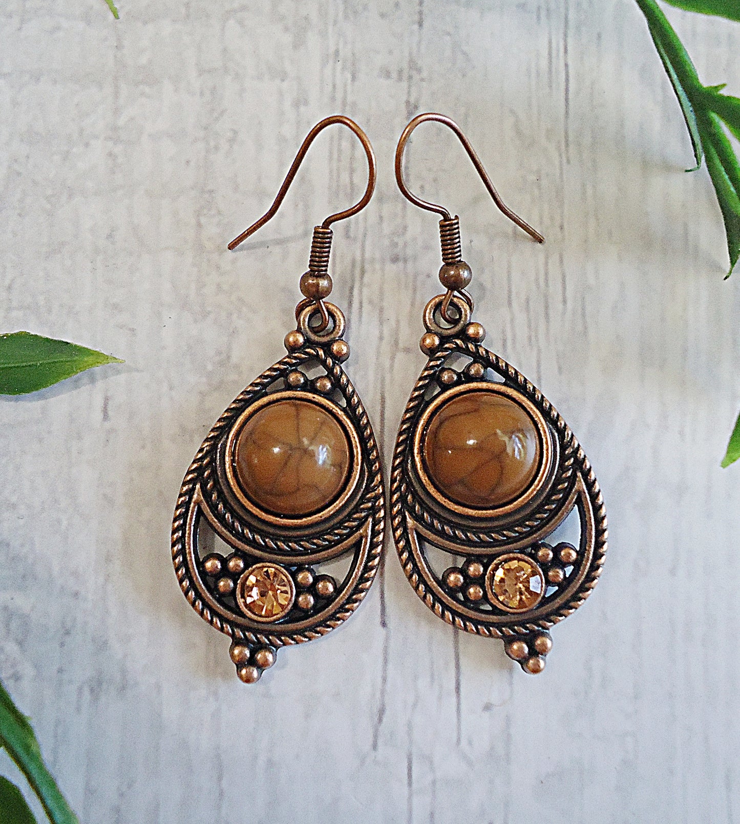 Boho Teardrop Earrings, Marbled Brown Stone, Amber Glass, Antique Copper, Vintage Style, Rope Border, 1.25" Dangle