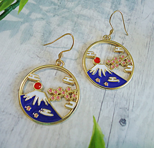 Mount Fuji Earrings, Japanese Inspired Earrings, Colorful Gold Dangles