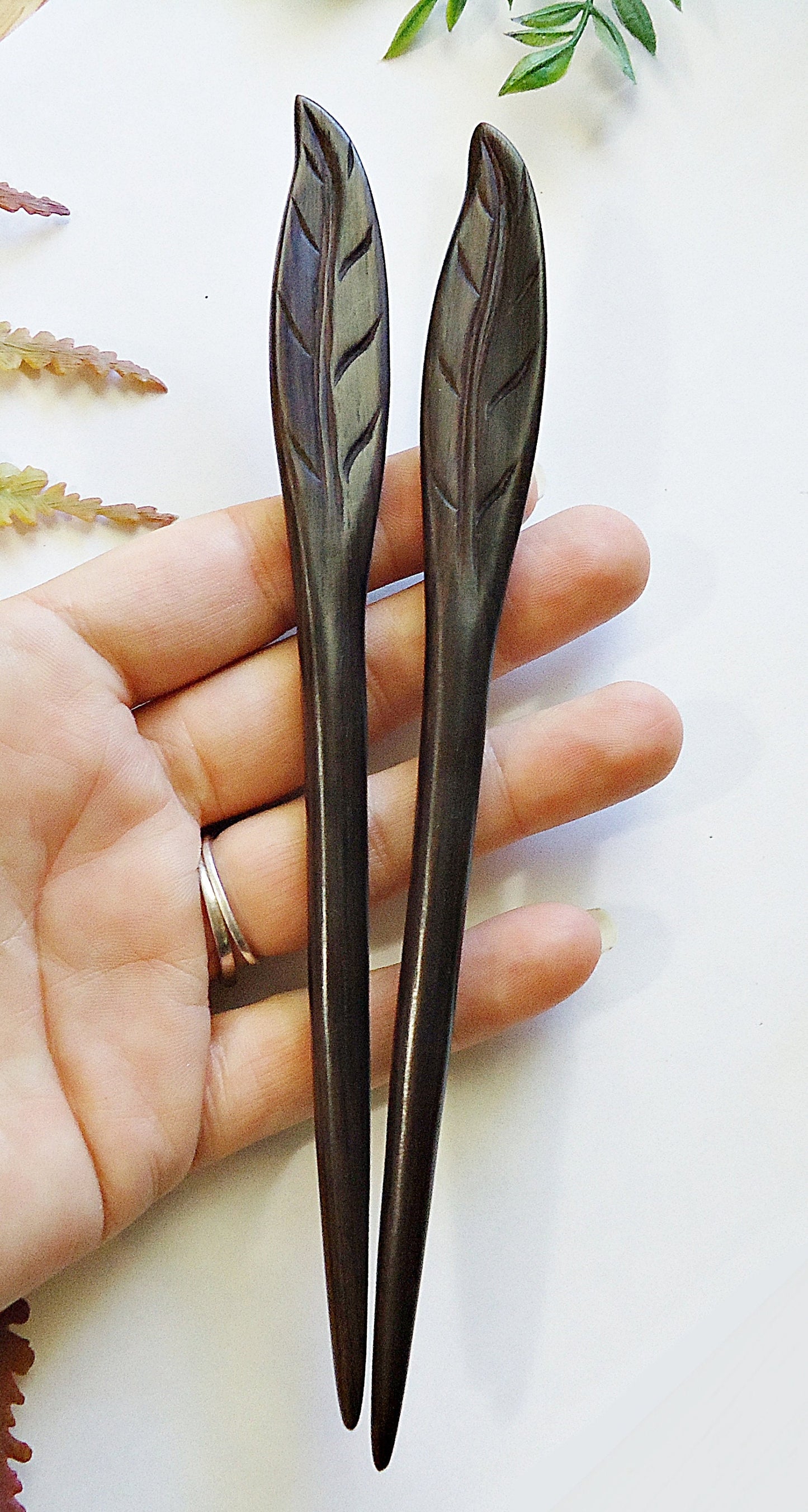 Carved Wooden Leaf Hair Stick, Dark Brown, 7" long