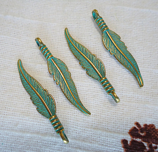 Feather Charms, Green Patina and Gold, 1.25" Long, Bulk Quantities