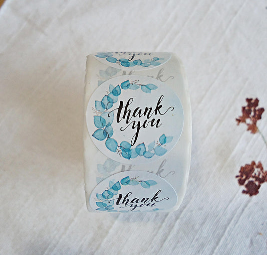 Stickers, 'Thank You', Blue Leaves, Cursive Writing, 1 inch Wide, Packaging, Labels, Bulk quantities, Nature Thank You Stickers