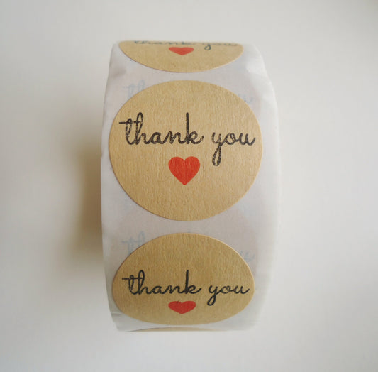 Bulk Stickers, 'Thank You', Kraft Brown with Red Heart, 1 inch Wide, Packaging, Labels