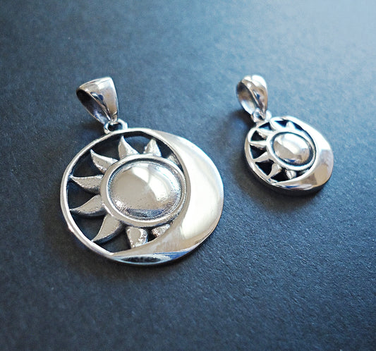 Sterling Silver Sun and Moon Round Pendant - 18mm OR 12mm