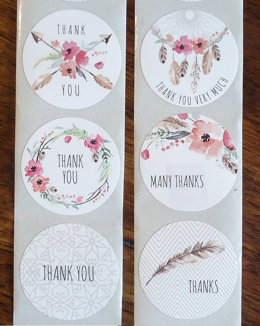 500 Stickers, 'Thank You', 6 Designs, Feathers & Dreamcatchers, 1 inch Wide, Packaging, Labels, Pink, Rose