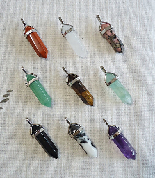 Stone Slider Pendant, Double Terminated, Amethyst Tigereye Quartz Fluorite Green Aventurine Rhodonite Zebra Red Kambaba Jasper Black Obsidian Lapis