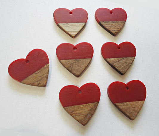 Heart Pendants, Resin and Wood, Deep Red and Walnut, 1" Wide