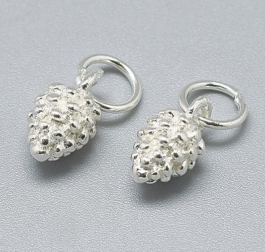 Tiny Sterling Silver Pinecone Charm, 8mm x 6mm on Soldered Jump Ring