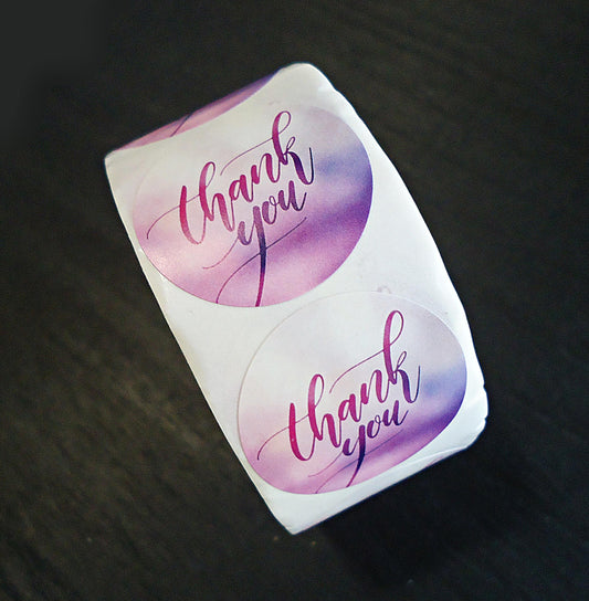 Stickers, 'Thank You', Purple Cloud Background, 1 inch Wide, Packaging, Labels, Bulk quantities
