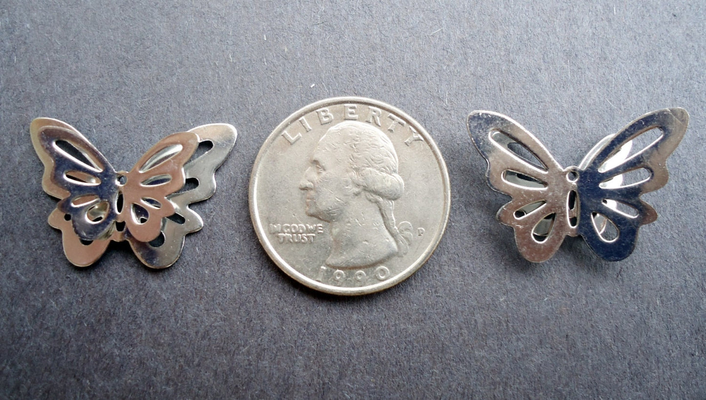 Stainless Steel 3D Butterfly Pendants / Links - Silver Color - Set of 5