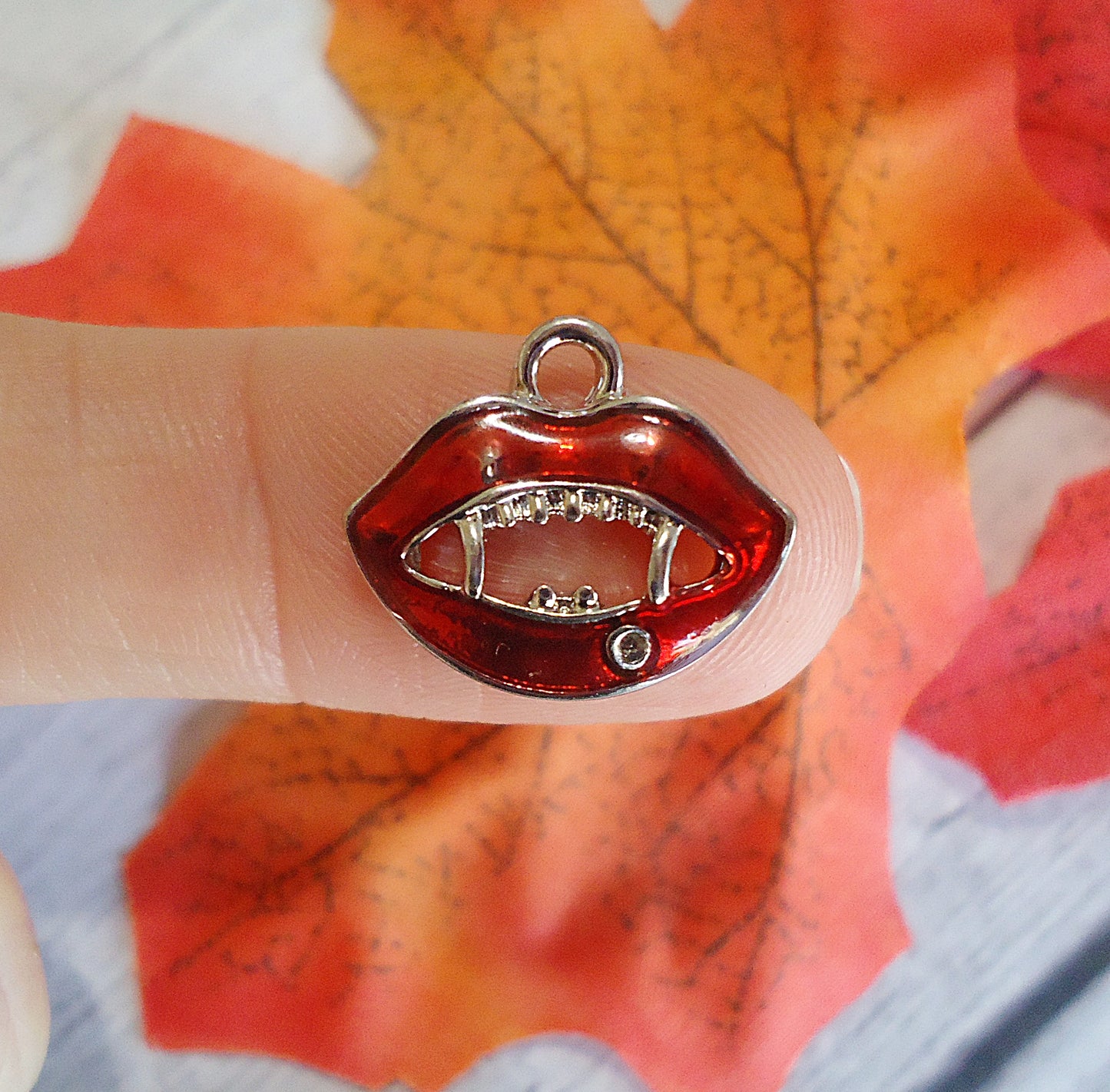 Vampire Fangs Charm, Bright Red and Silver with Diamond Crystal