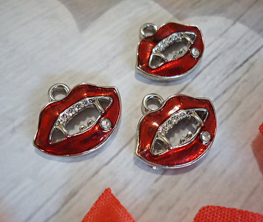 Vampire Fangs Charm, Bright Red and Silver with Diamond Crystal