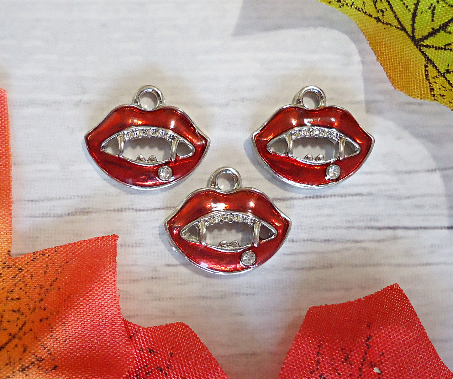 Vampire Fangs Charm, Bright Red and Silver with Diamond Crystal