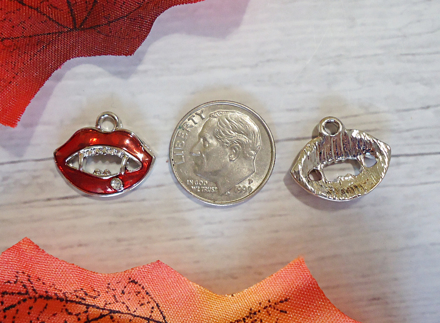 Vampire Fangs Charm, Bright Red and Silver with Diamond Crystal