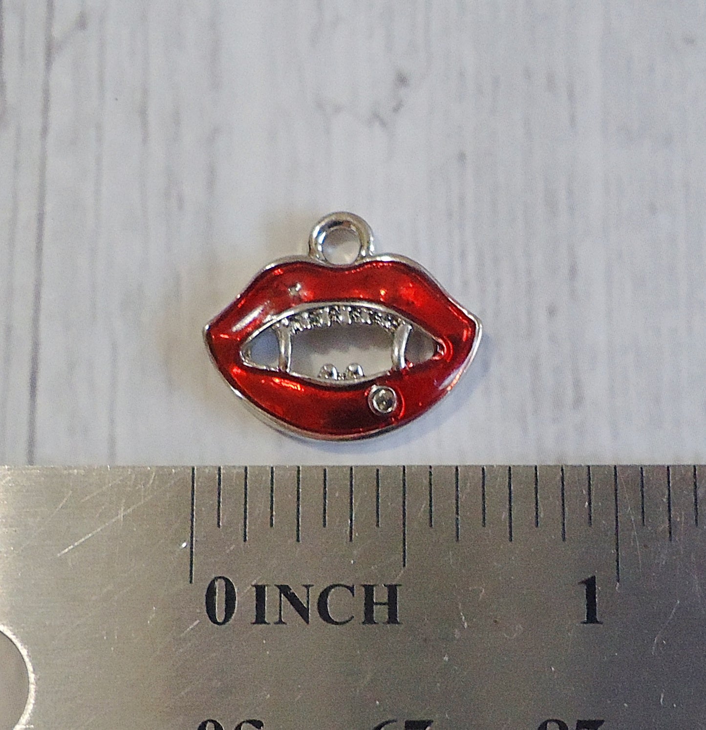 Vampire Fangs Charm, Bright Red and Silver with Diamond Crystal