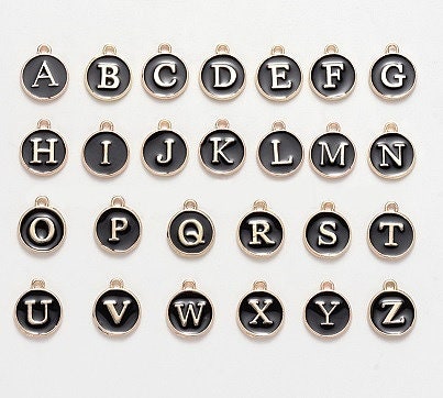 Enameled Alphabet Charms / Pendants, Black and Gold, 26 Piece Set, 12mm Wide