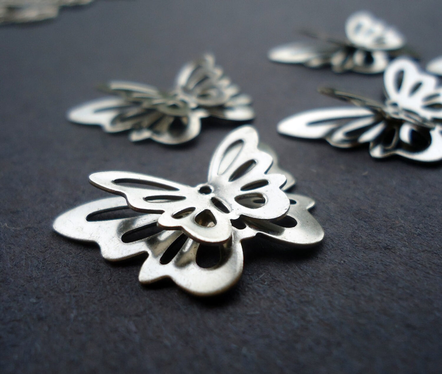 Stainless Steel 3D Butterfly Pendants / Links - Silver Color - Set of 5